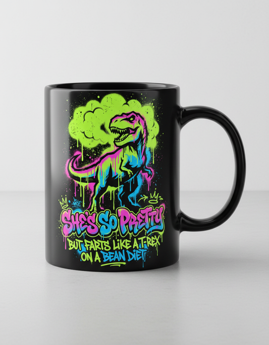 Funny T-Rex Graffiti Art 'She's So Pretty' Black Mug - Black