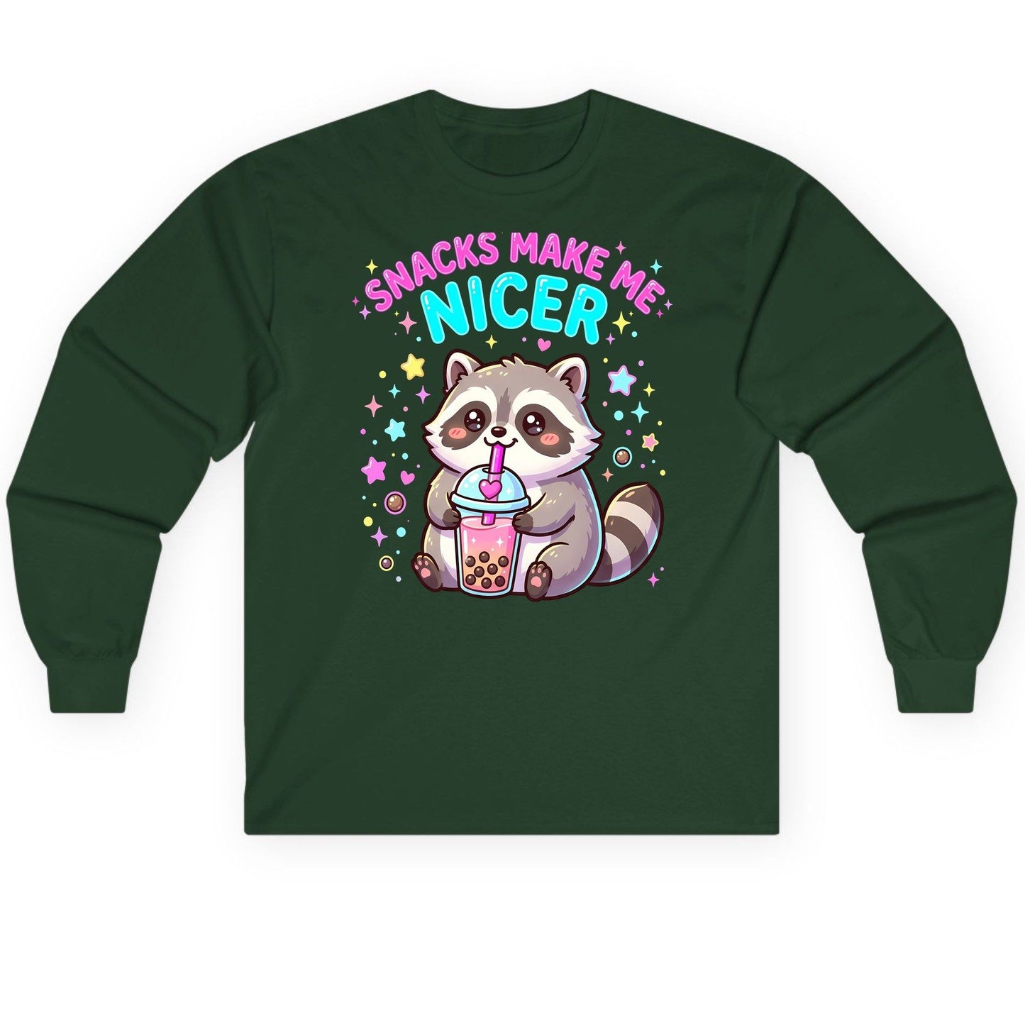 SNACKS MAKE ME NICER Funny Raccoon Long Sleeve Tee - product mockup - Forest Green