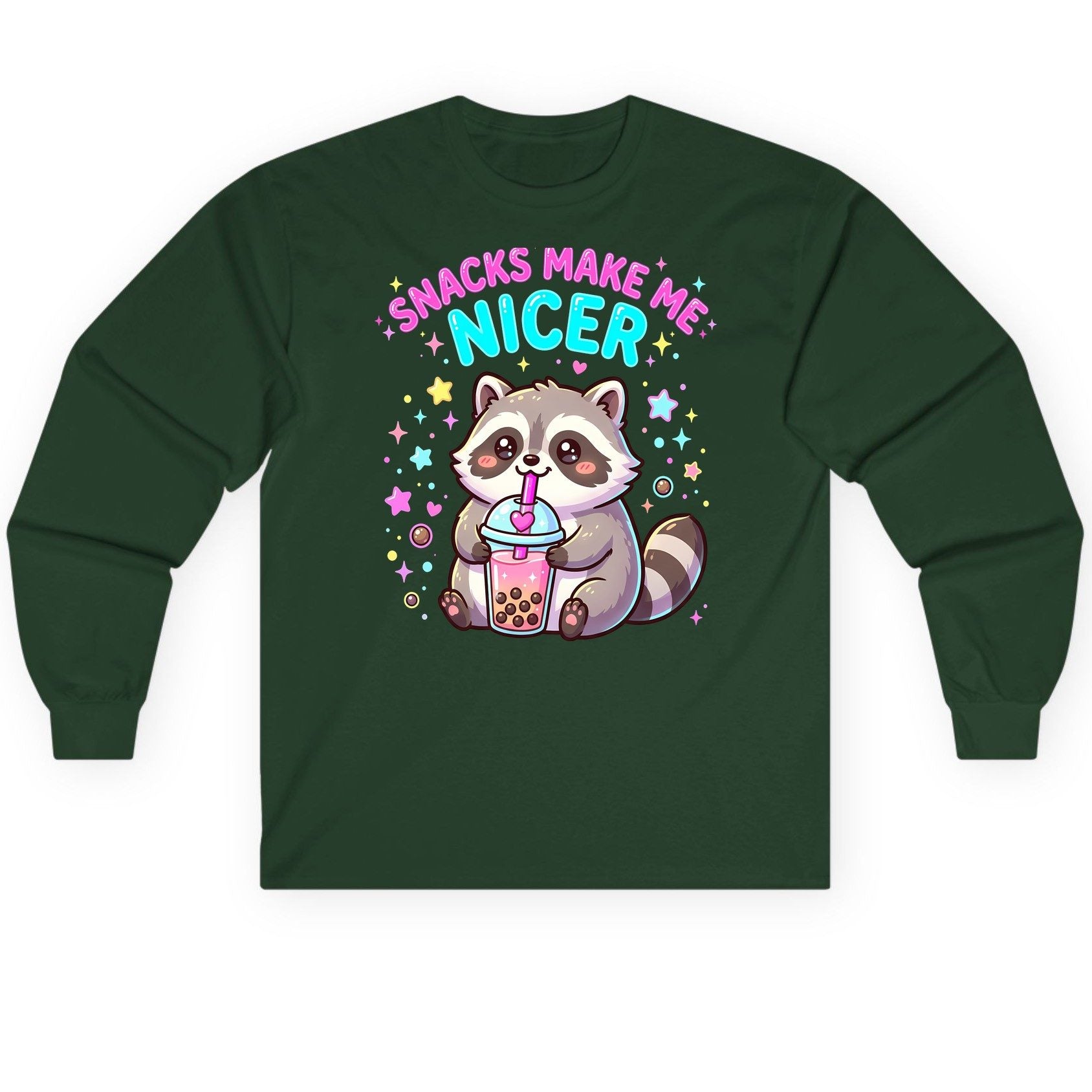 SNACKS MAKE ME NICER Funny Raccoon Long Sleeve Tee - product mockup - Forest Green