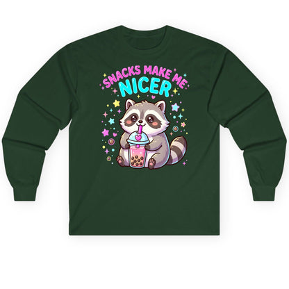 SNACKS MAKE ME NICER Funny Raccoon Long Sleeve Tee - product mockup - Forest Green