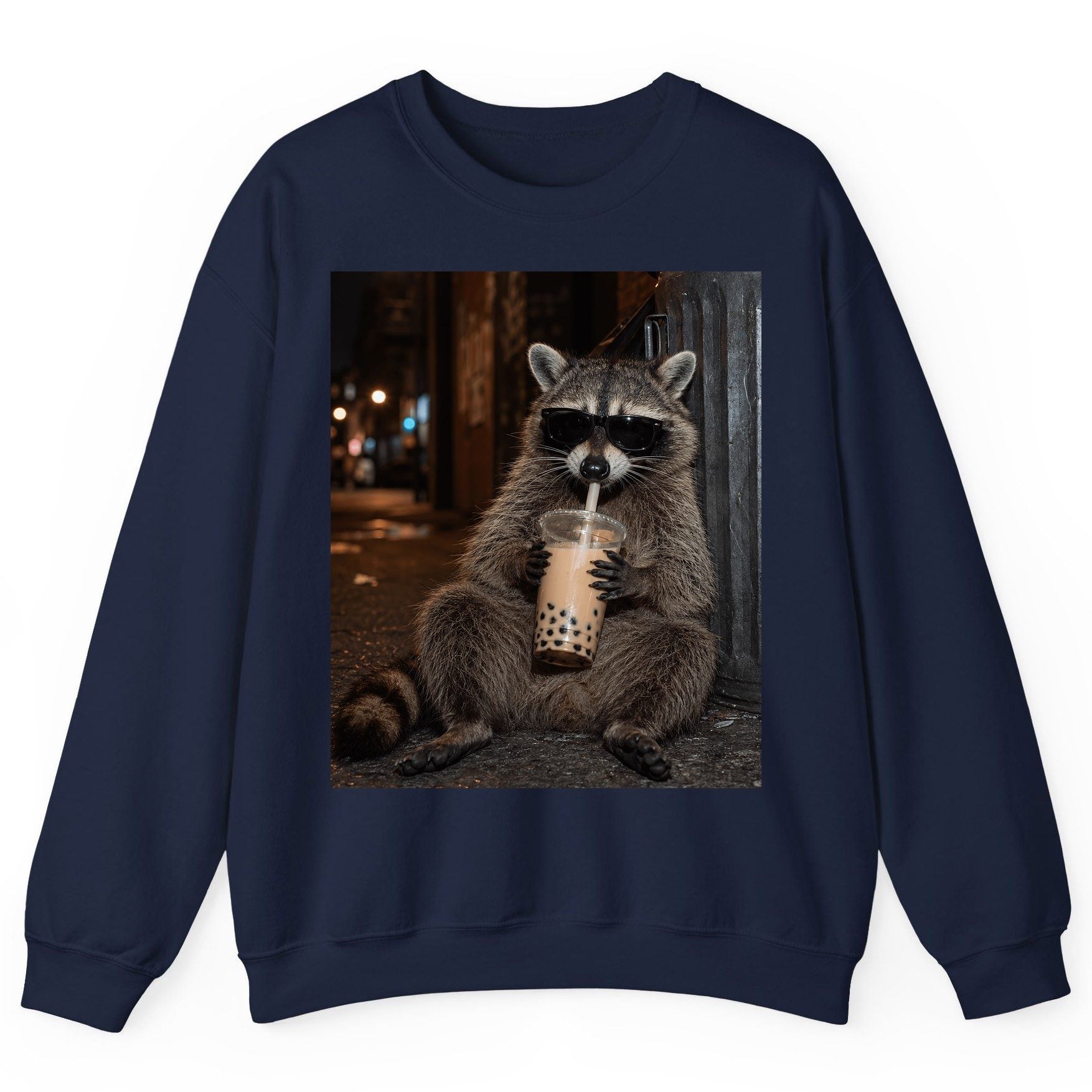 Cool Raccoon Bubble Tea Funny Lovers Sweatshirt - product mockup - Navy