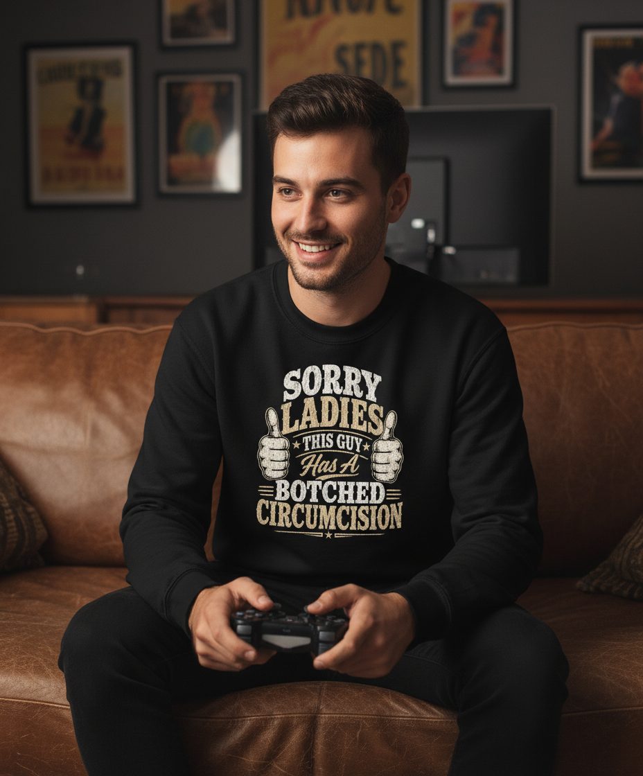 SORRY LADIES THIS GUY Has a Botched Circumcision Sweatshirt - lifestyle model mockup - Black