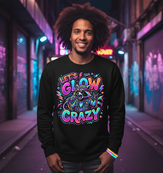 Let's Glow Crazy Funny Rockstar Raccoon Sweatshirt - lifestyle model mockup - Black