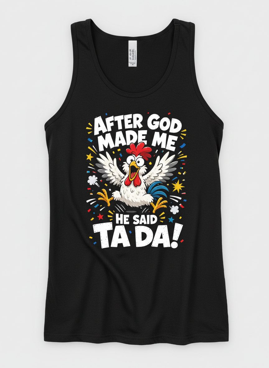 After God Made Me He Said Ta Da Funny Rooster Tank Top - product mockup - Black
