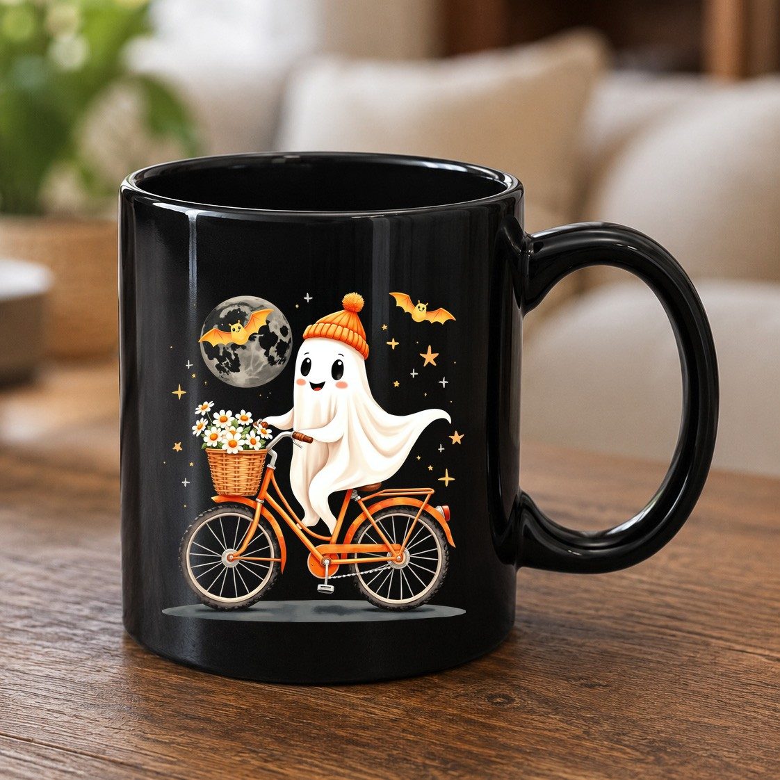 Cute Ghost on Bicycle cute ghost Black Mug Black product mockup