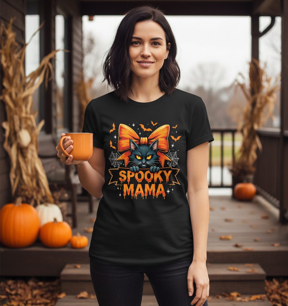 Spooky Mama black cat T-Shirt Black lifestyle mockup