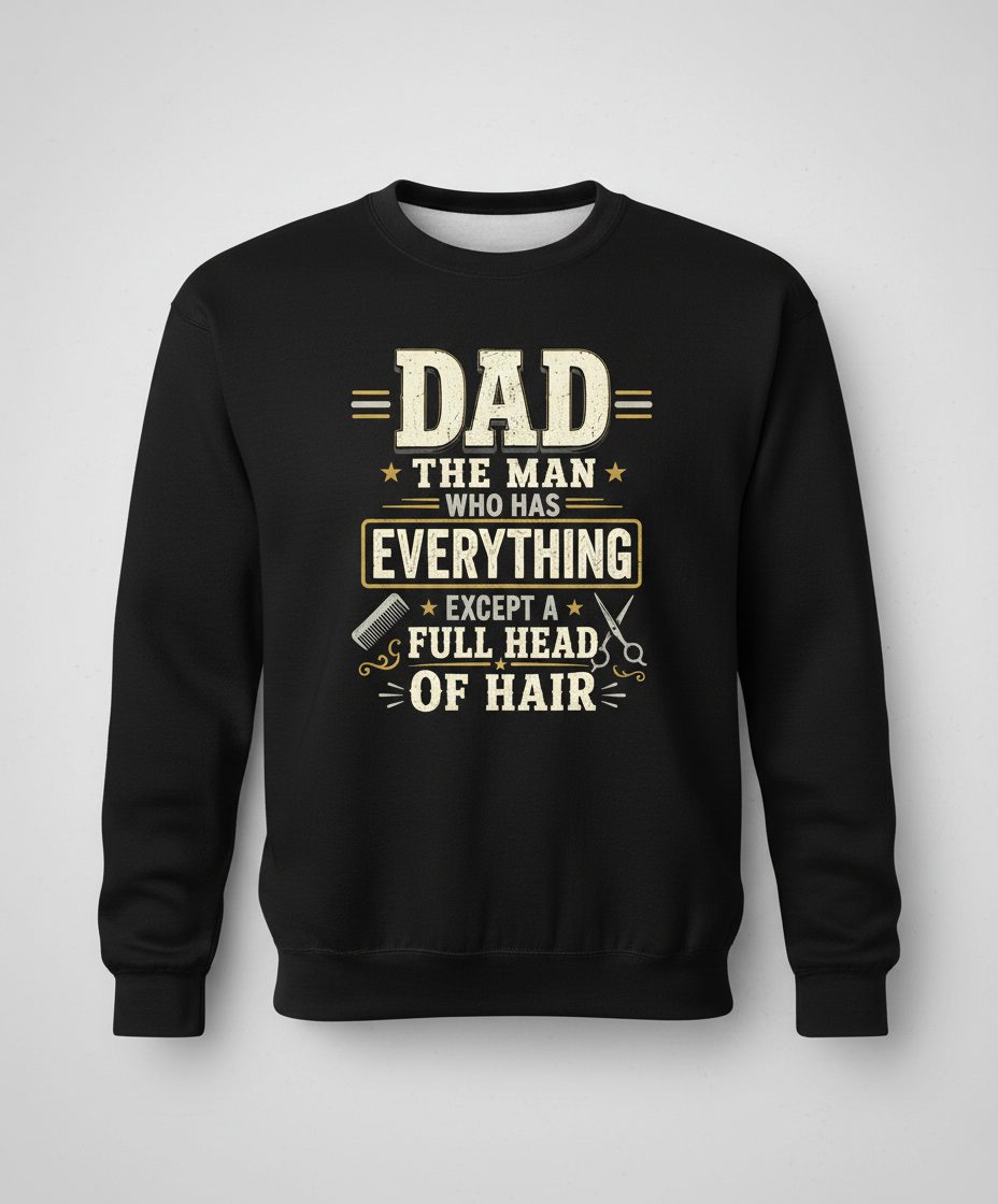 Dad the Man Who Has Everything Except a Full Head of Hair Funny Sweatshirt - product mockup - Black