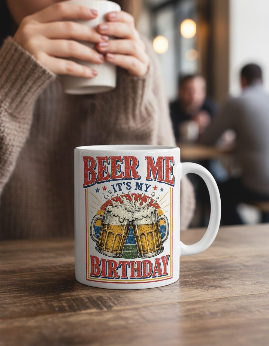Beer Me It's My Birthday Funny Celebrants White Mug - lifestyle model mockup - White