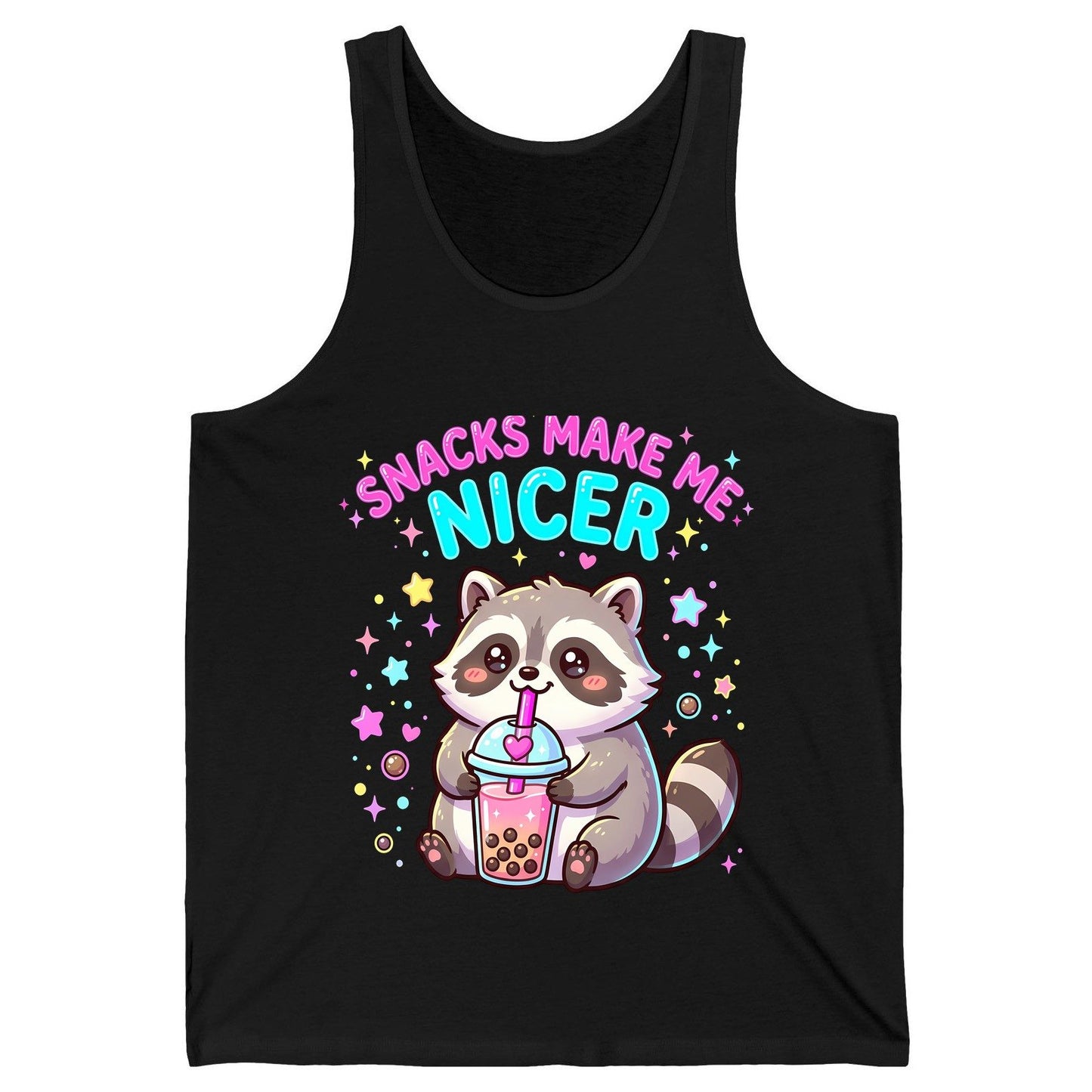 SNACKS MAKE ME NICER Funny Raccoon Tank Top - product mockup - Black