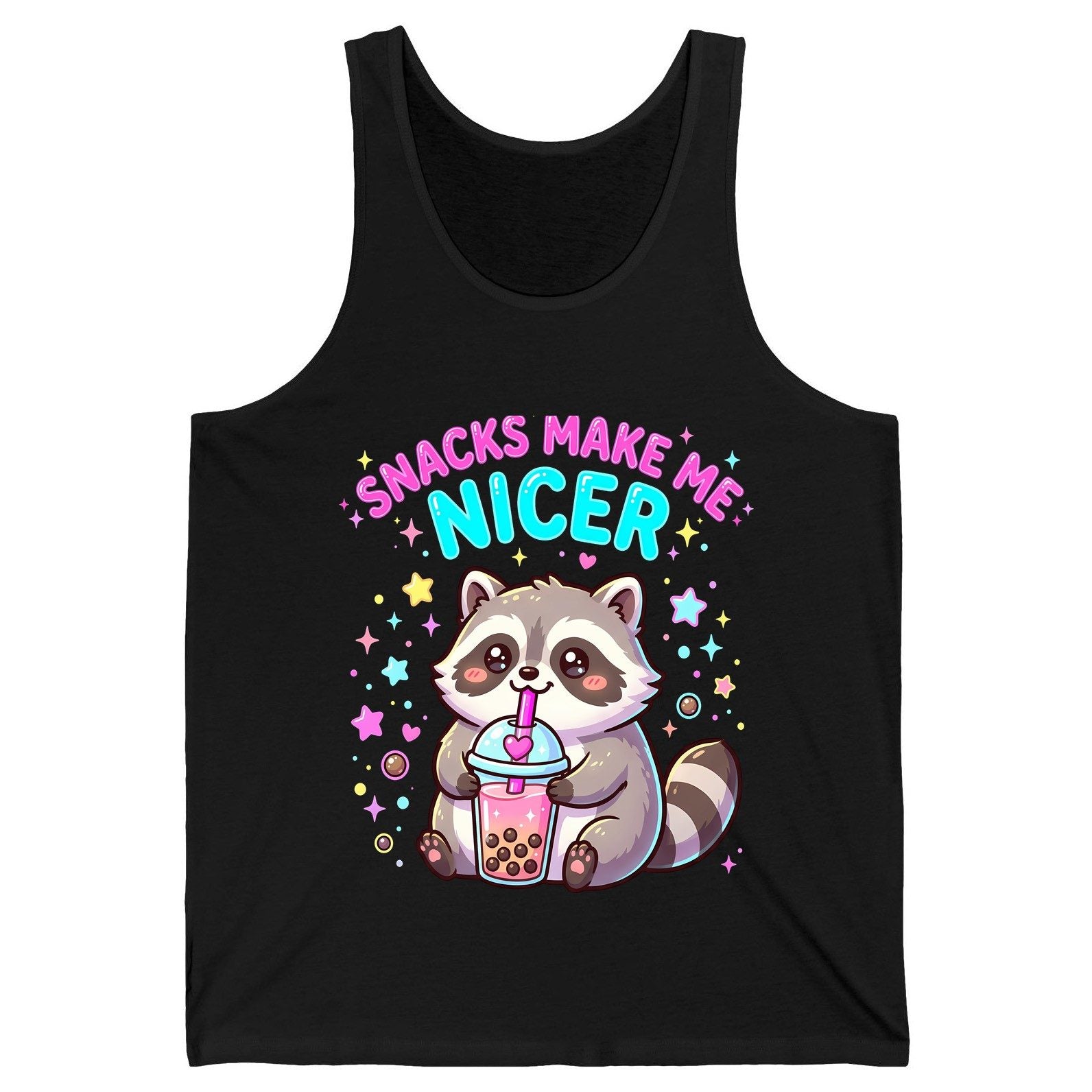 SNACKS MAKE ME NICER Funny Raccoon Tank Top - product mockup - Black