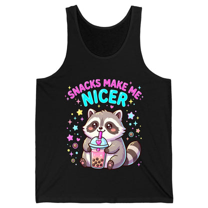 SNACKS MAKE ME NICER Funny Raccoon Tank Top - product mockup - Black