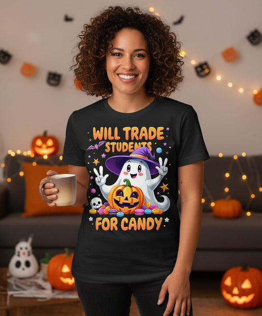 Will Trade Students for Candy teacher Halloween T-Shirt Black lifestyle mockup