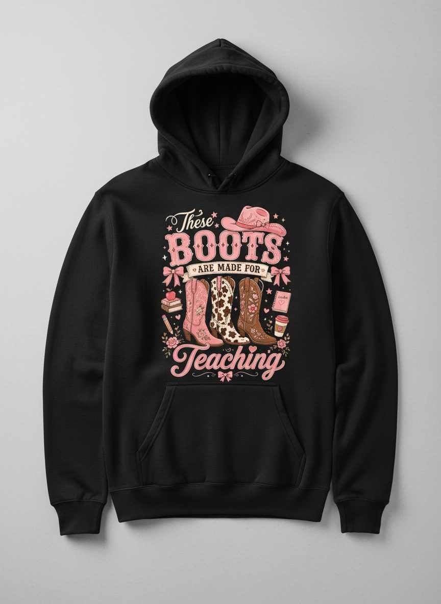 These Boots Are Made for Teaching Teacher Hoodie - product mockup - Black