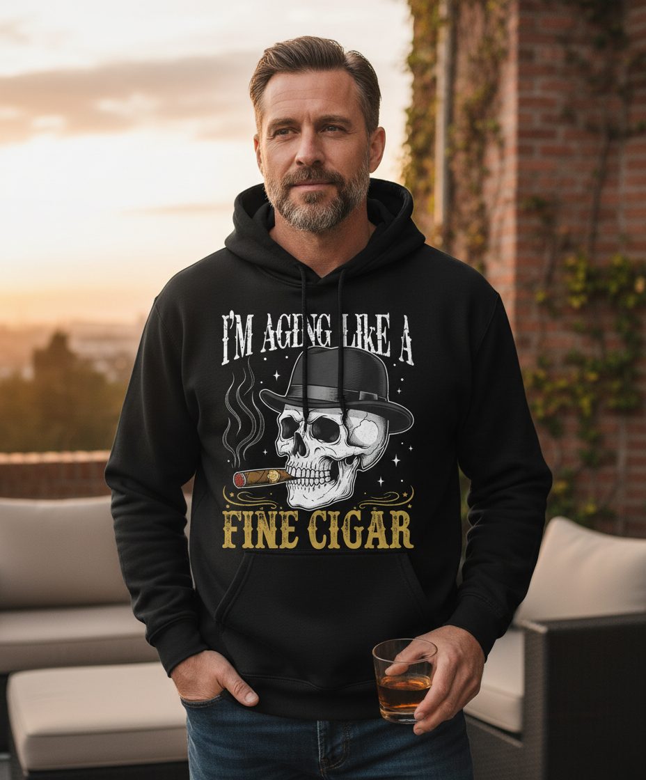 I'm Aging Like a Fine Cigar smoking skull Hoodie Black lifestyle mockup