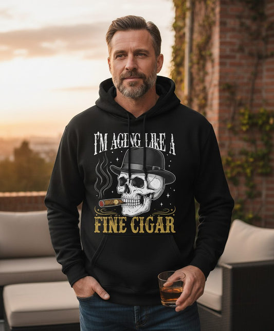 I'm Aging Like a Fine Cigar smoking skull Hoodie Black lifestyle mockup