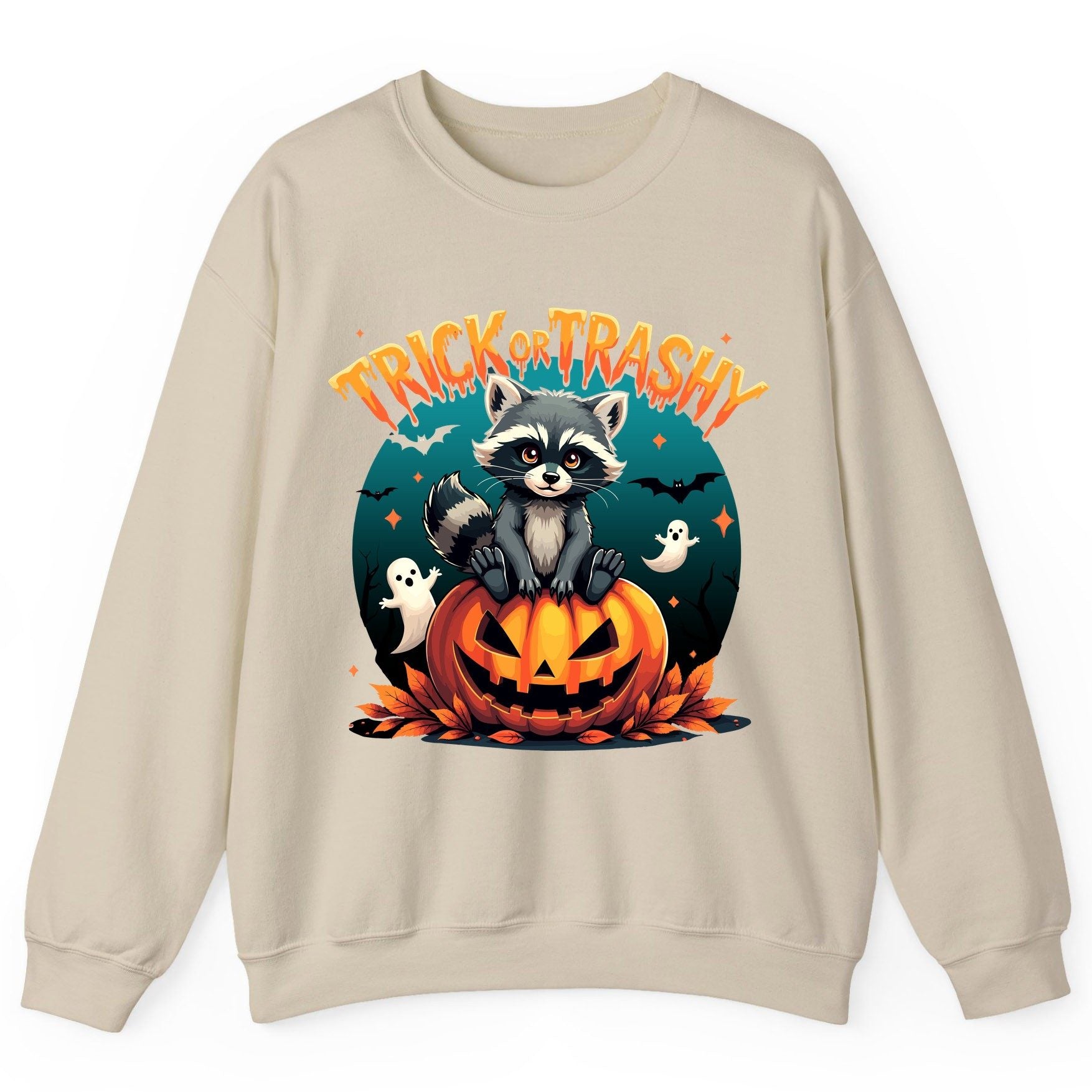 Trick or Trashy Halloween raccoon Sweatshirt Sand product mockup
