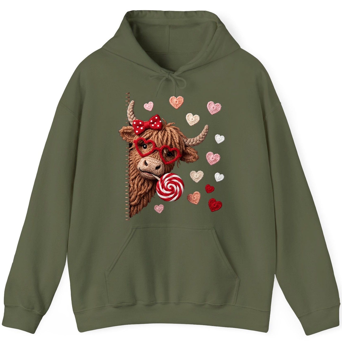 Crochet Valentine's Highland Cow highland cow Hoodie Military Green product mockup