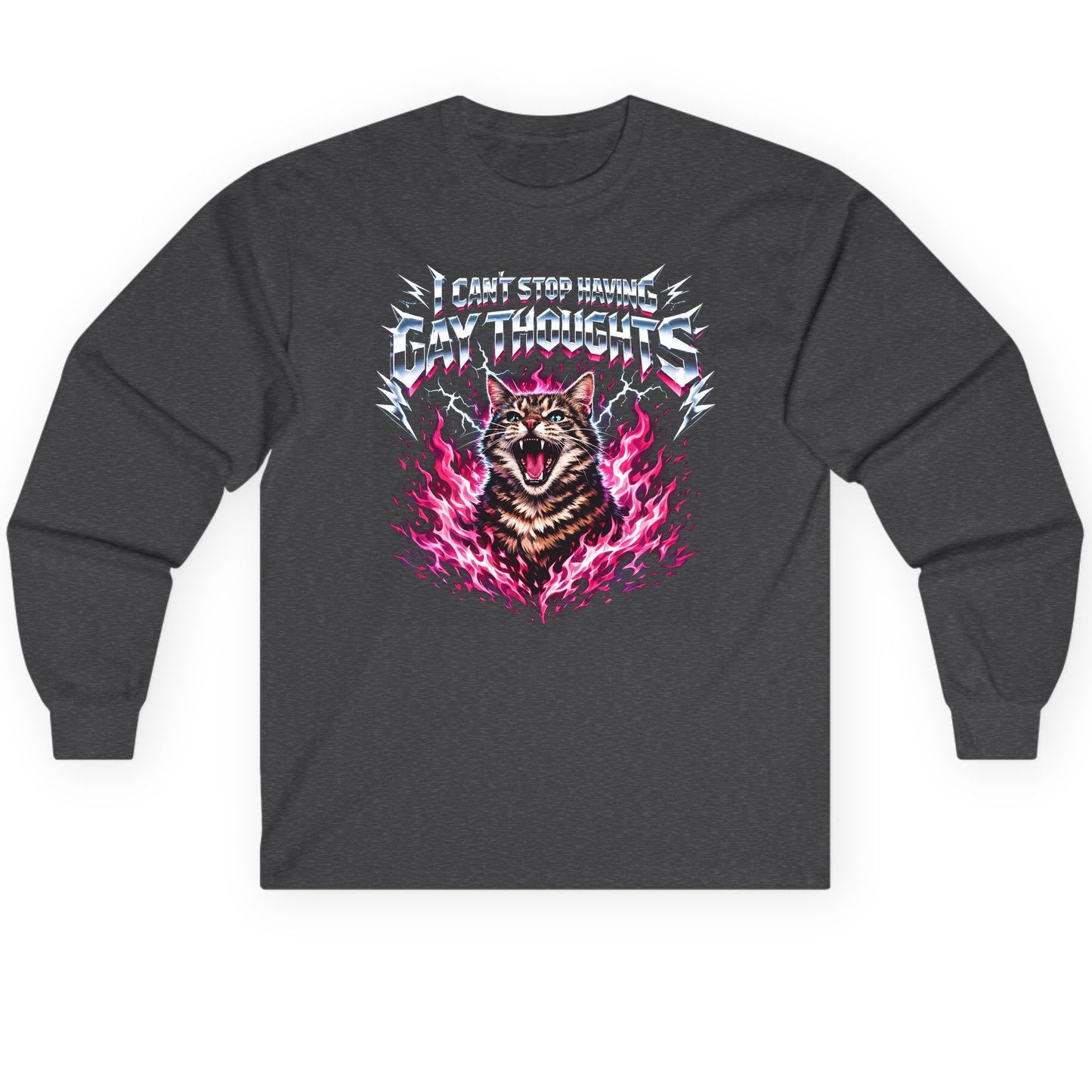 I Can't Stop Having Gay Thoughts cat Long Sleeve Tee Dark Heather product mockup
