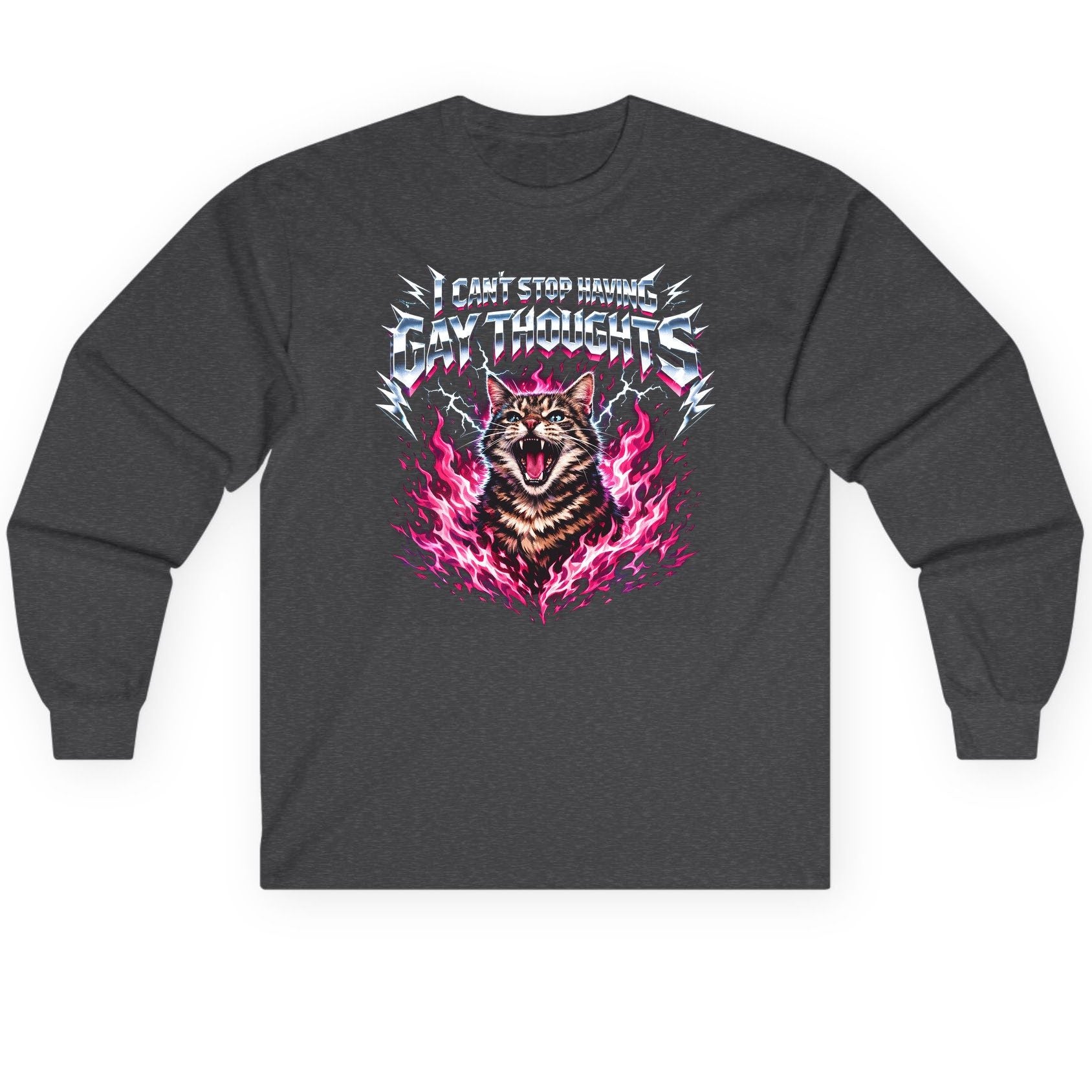 I Can't Stop Having Gay Thoughts cat Long Sleeve Tee Dark Heather product mockup