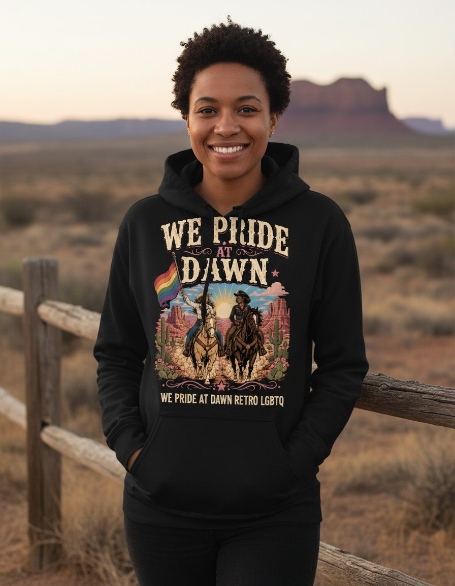 We Pride at Dawn Retro Lgbtq Hoodie - lifestyle model mockup - Black