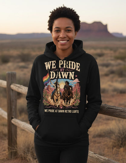 We Pride at Dawn Retro Lgbtq Hoodie - lifestyle model mockup - Black