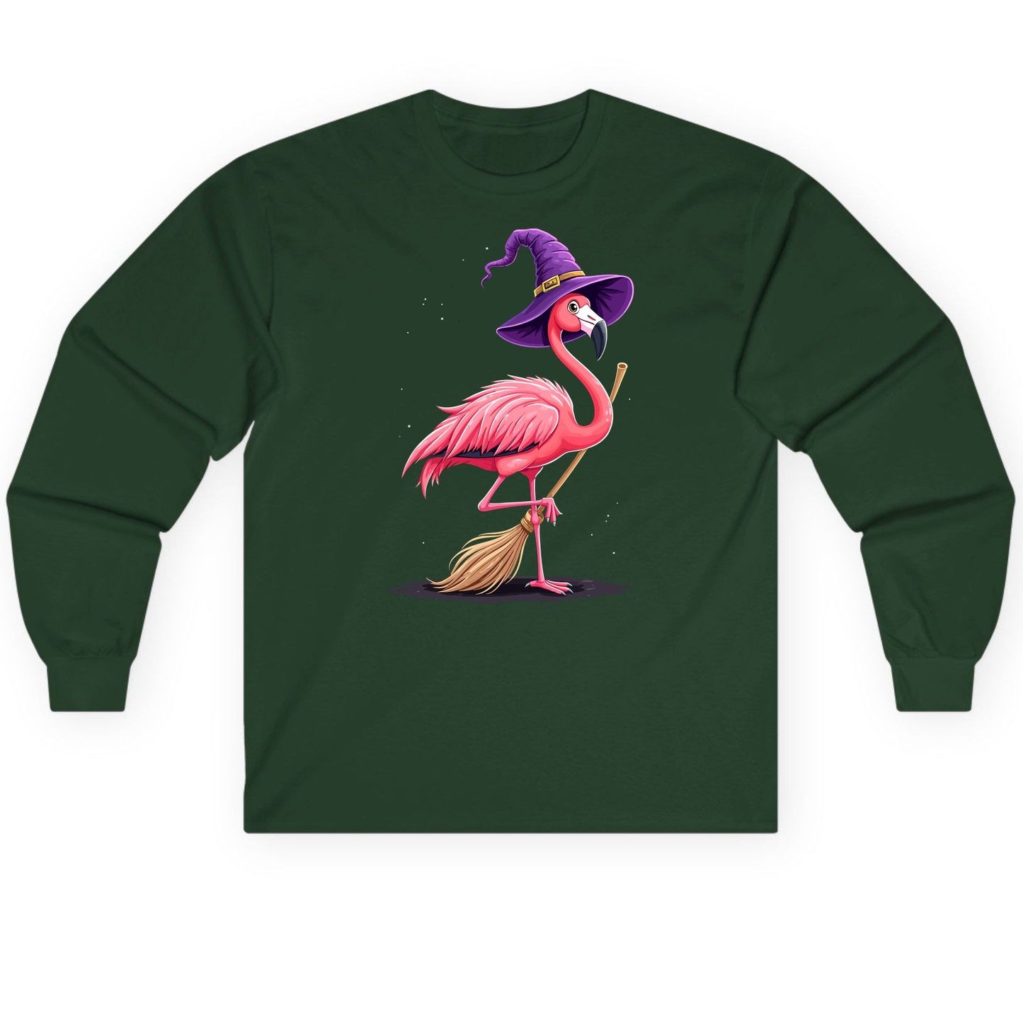 Witch Flamingo flamingo Long Sleeve Tee Forest Green product mockup