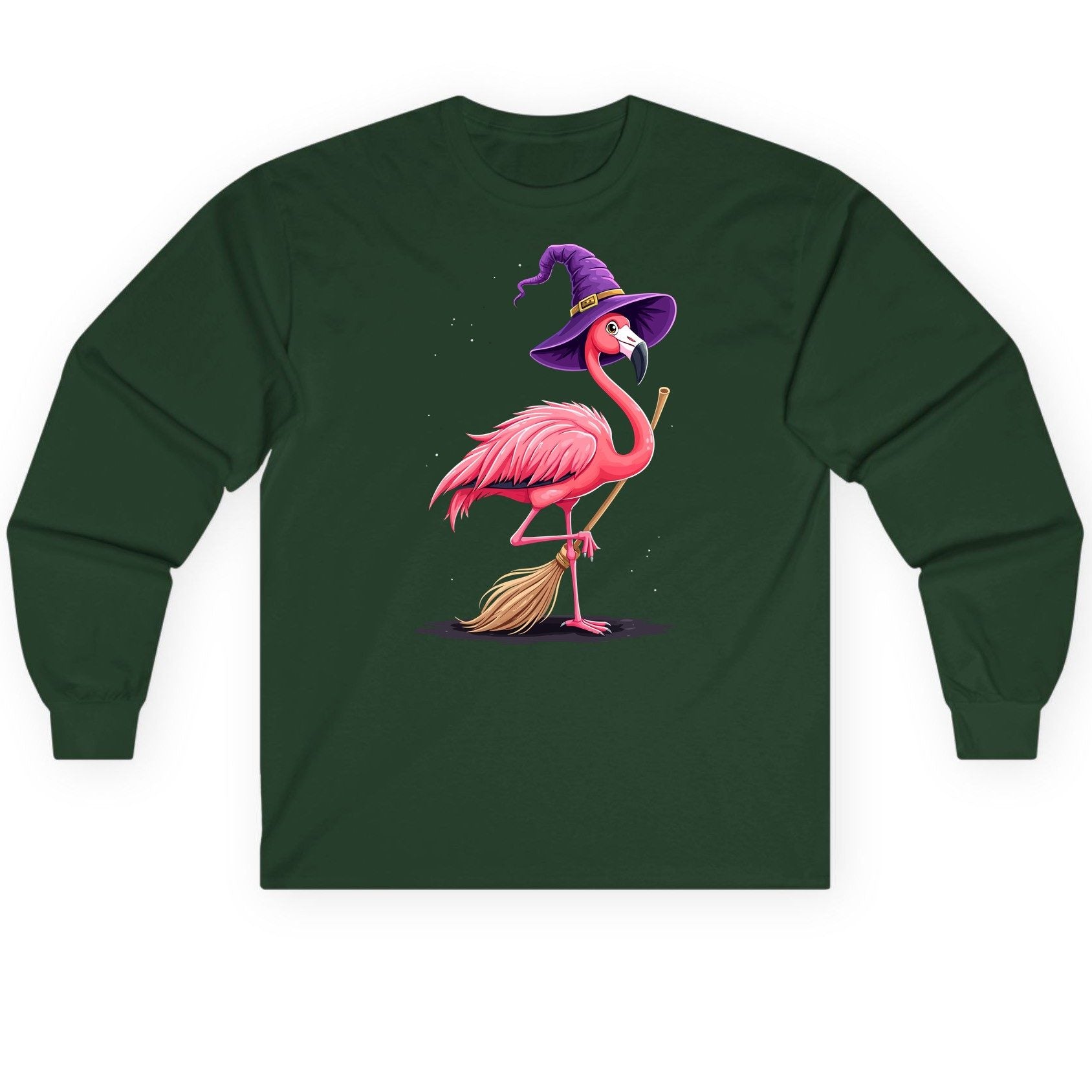 Witch Flamingo flamingo Long Sleeve Tee Forest Green product mockup