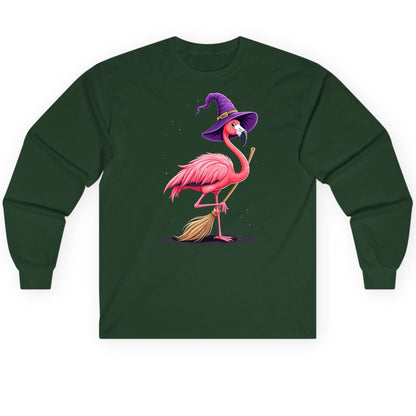 Witch Flamingo flamingo Long Sleeve Tee Forest Green product mockup