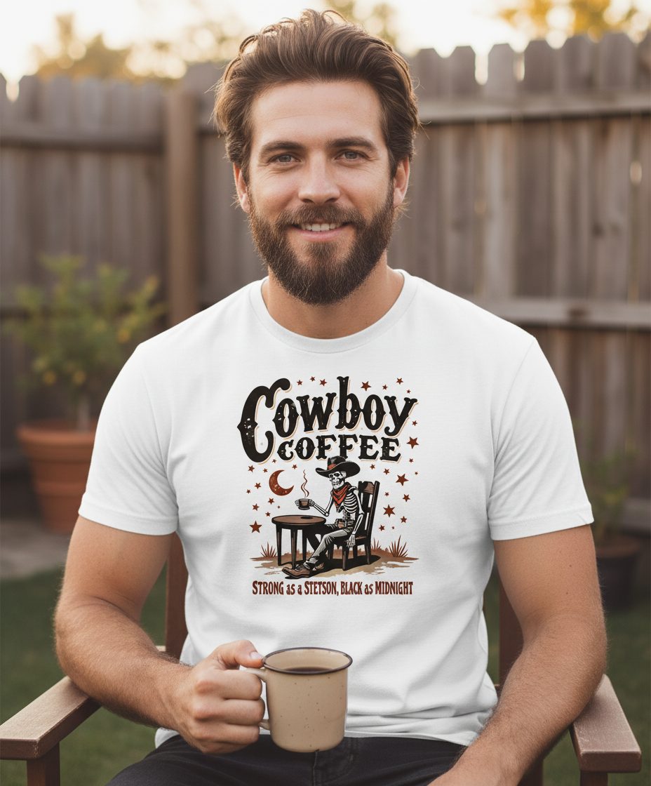Cowboy Coffee Strong as a Stetson, Black as Midnight cowboy skeleton T-Shirt White lifestyle mockup