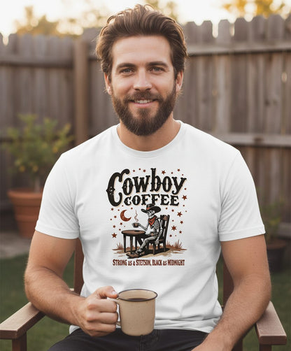 Cowboy Coffee Strong as a Stetson, Black as Midnight cowboy skeleton T-Shirt White lifestyle mockup