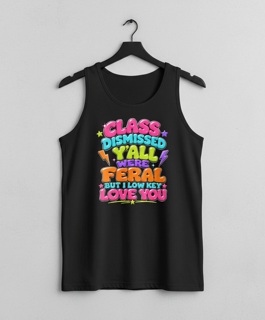 Class Dismissed Y'all Were Feral but I Low Key Love You Tank Top - product mockup - Black
