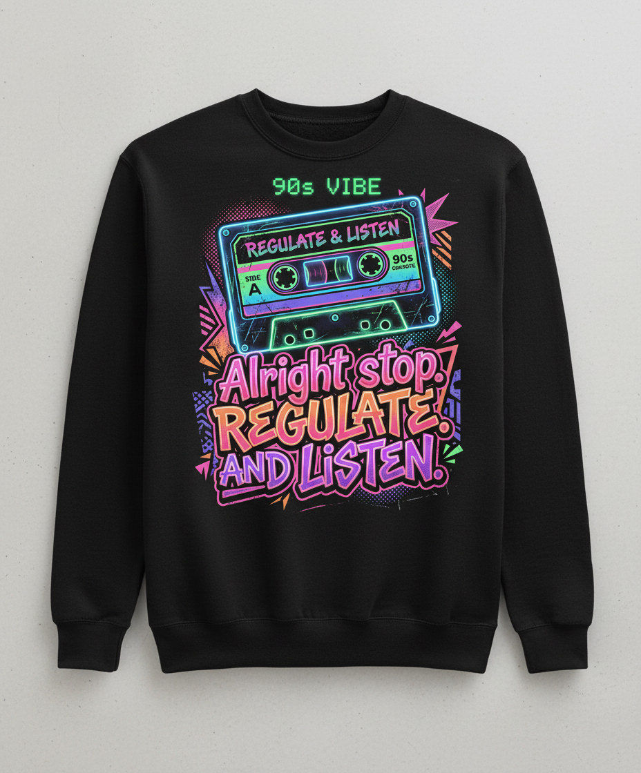 90s Vibe Cassette Tape Regulate and Listen Retro Design Sweatshirt - Black