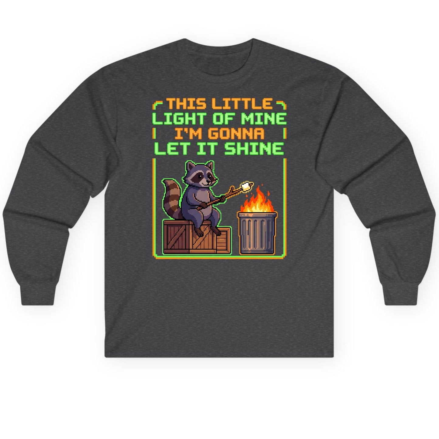 THIS LITTLE LIGHT OF MINE I'M GONNA LET IT SHINE Raccoon Long Sleeve Tee Dark Heather product mockup