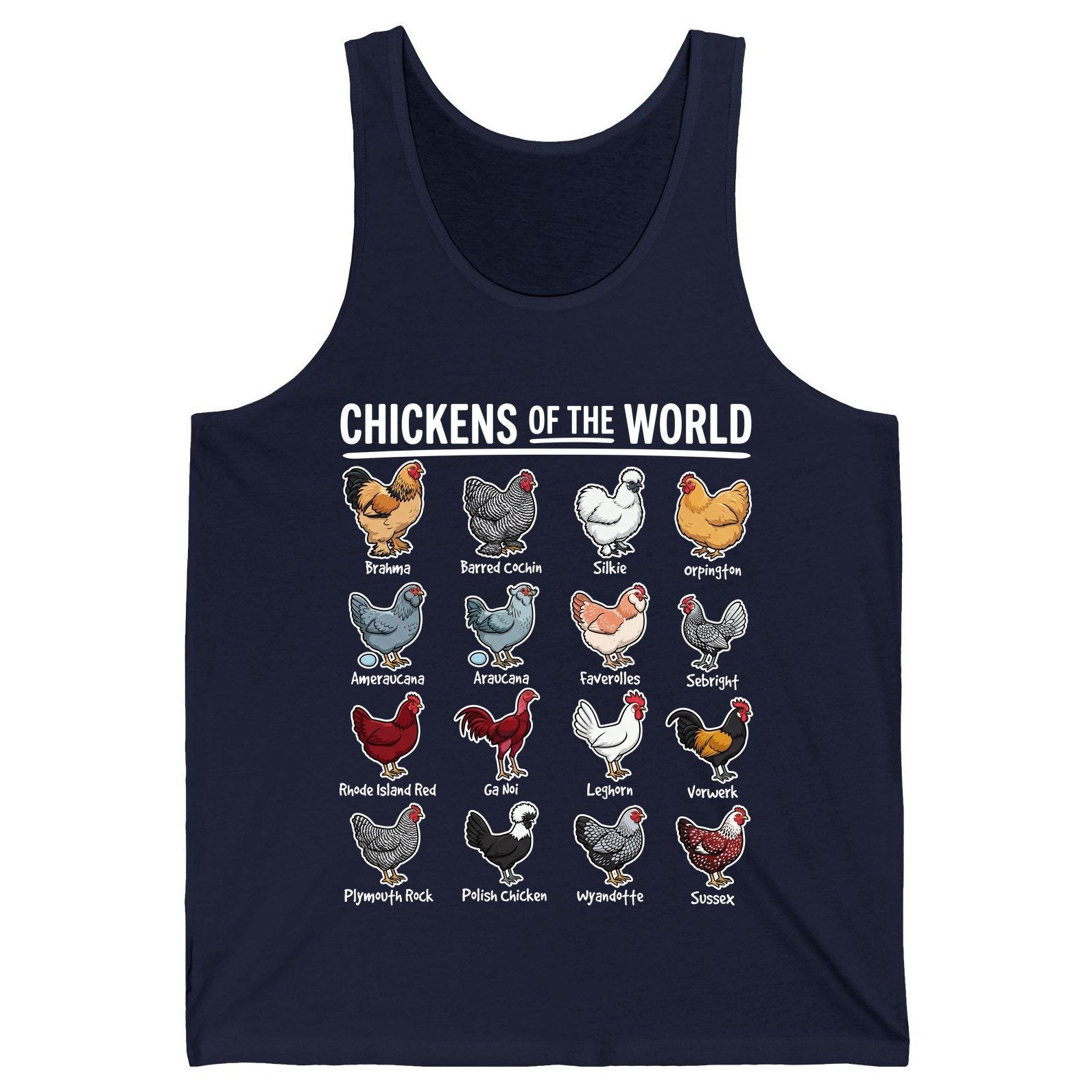 Chickens of the World chicken breeds Tank Top Navy product mockup