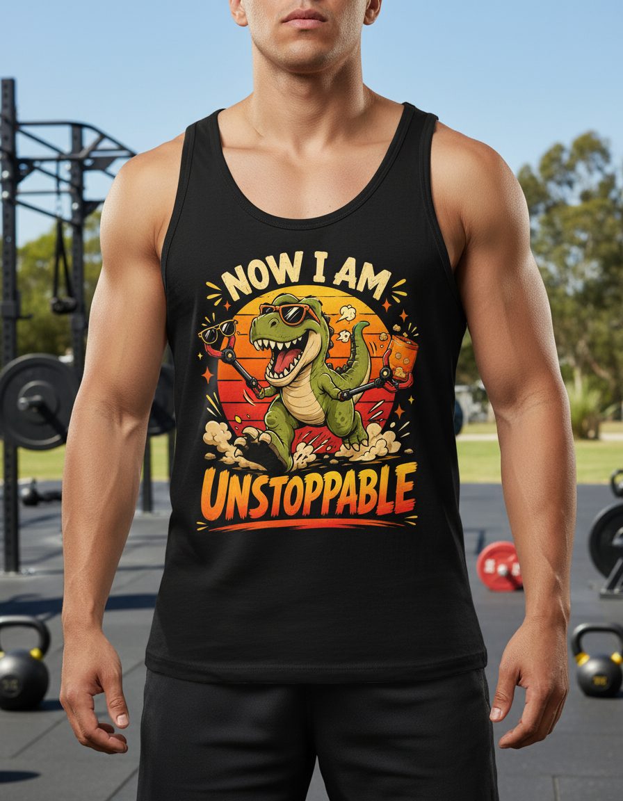 Now I Am Unstoppable Funny T-Rex Dinosaur Tank Top - product mockup - Black