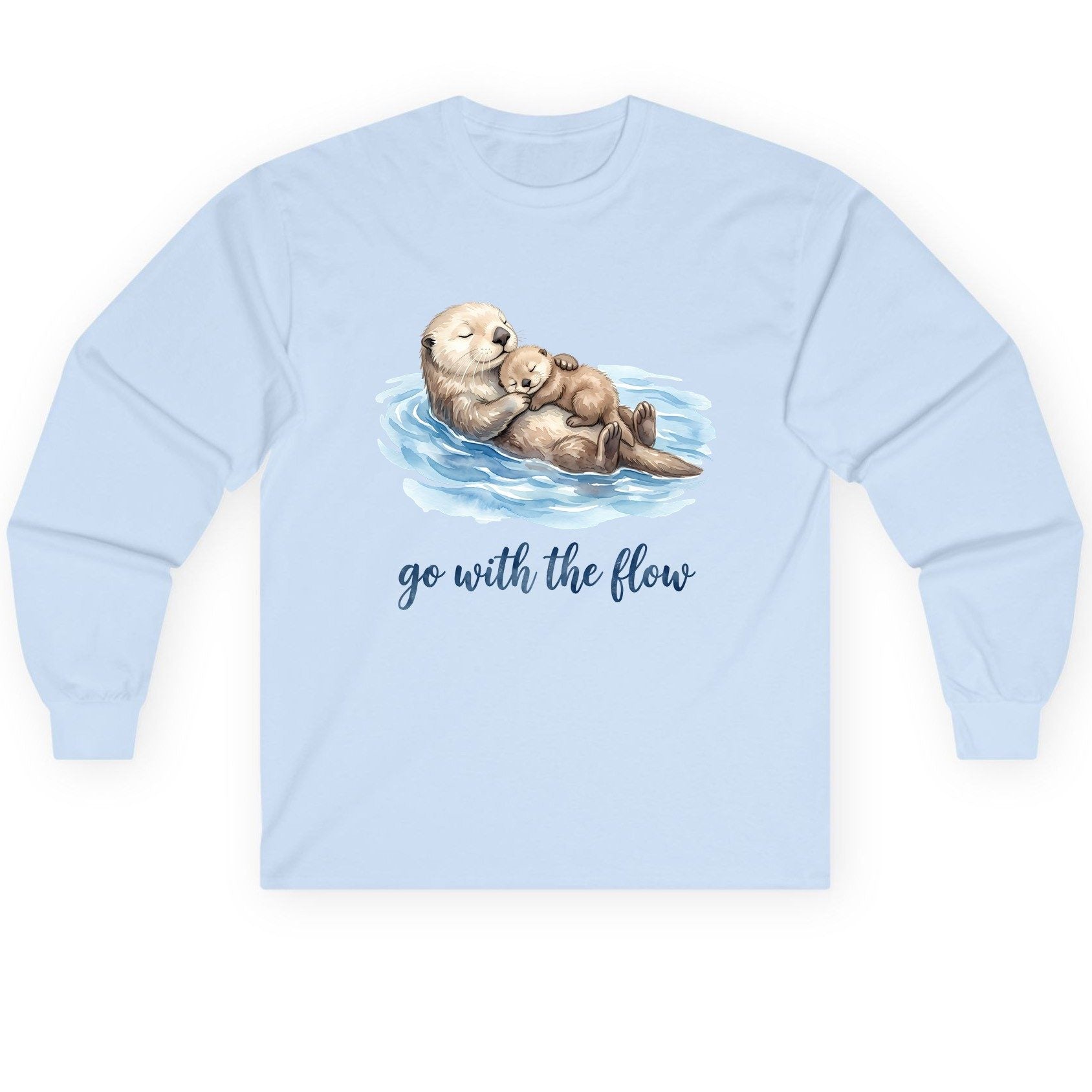 Go with the Flow Sea Otters Long Sleeve Tee - product mockup - Light Blue