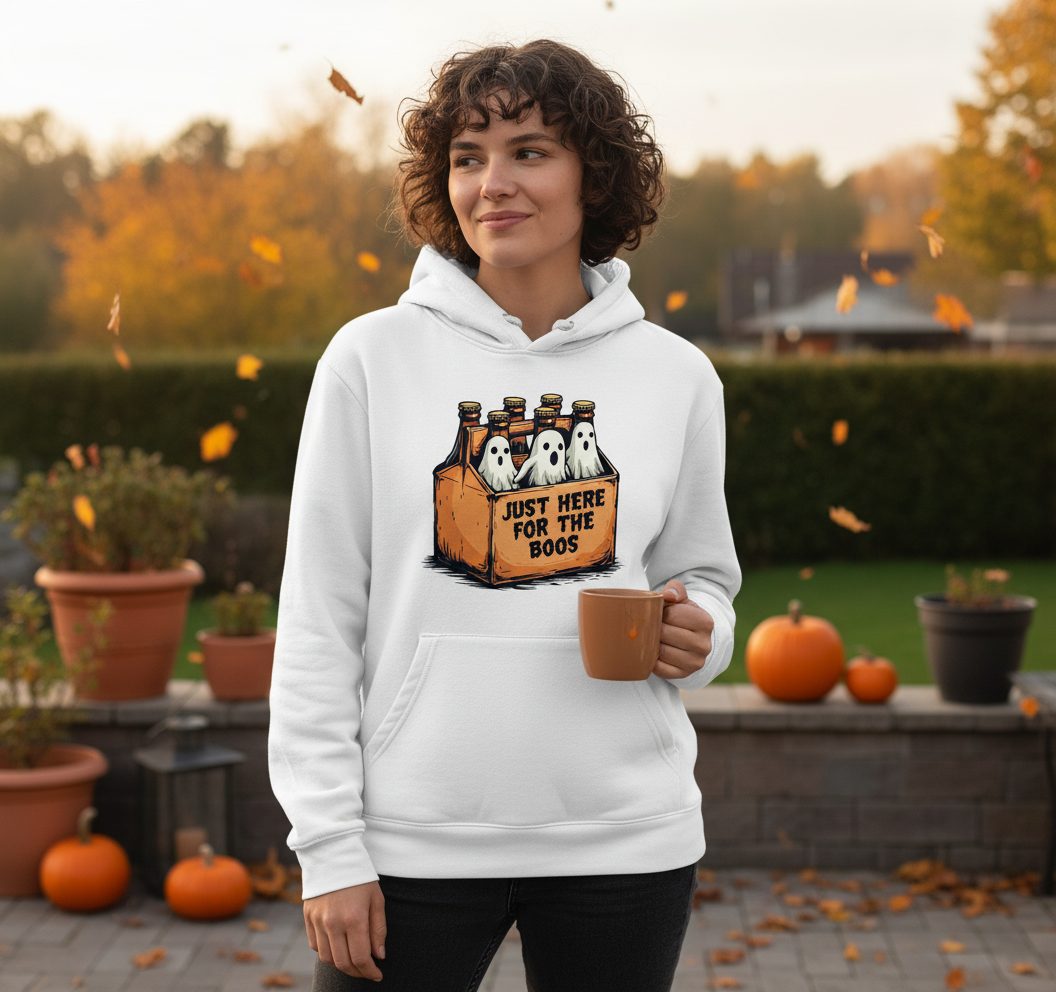 Just Here for the Boos Halloween Hoodie White lifestyle mockup