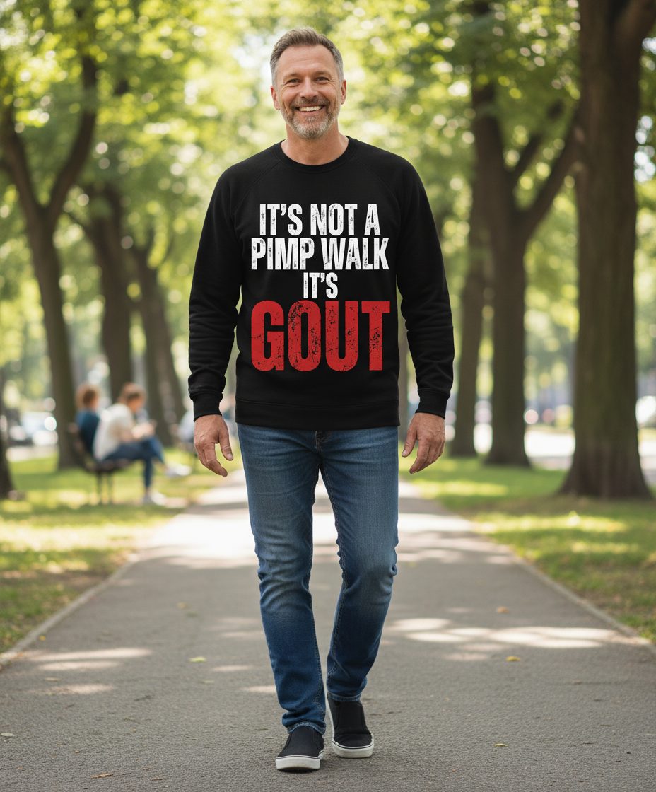 It's Not a Pimp Walk It's Gout Funny People Sweatshirt - lifestyle model mockup - Black