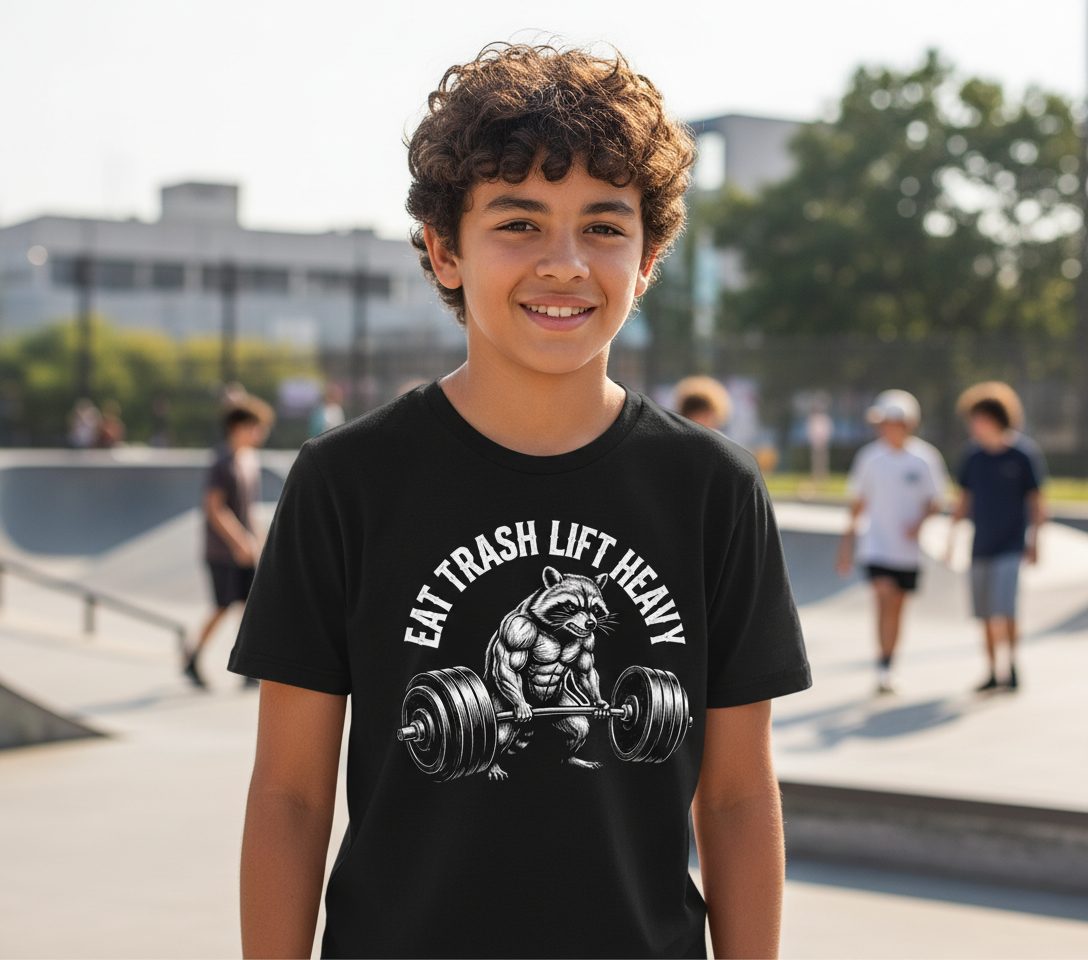 Eat Trash Lift Heavy raccoon Youth T-Shirt Black lifestyle mockup
