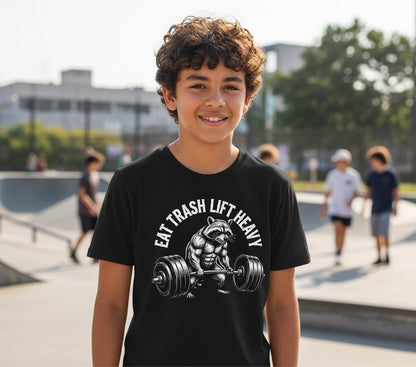 Eat Trash Lift Heavy raccoon Youth T-Shirt Black lifestyle mockup