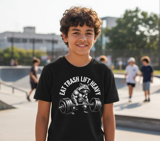 Eat Trash Lift Heavy raccoon Youth T-Shirt Black lifestyle mockup