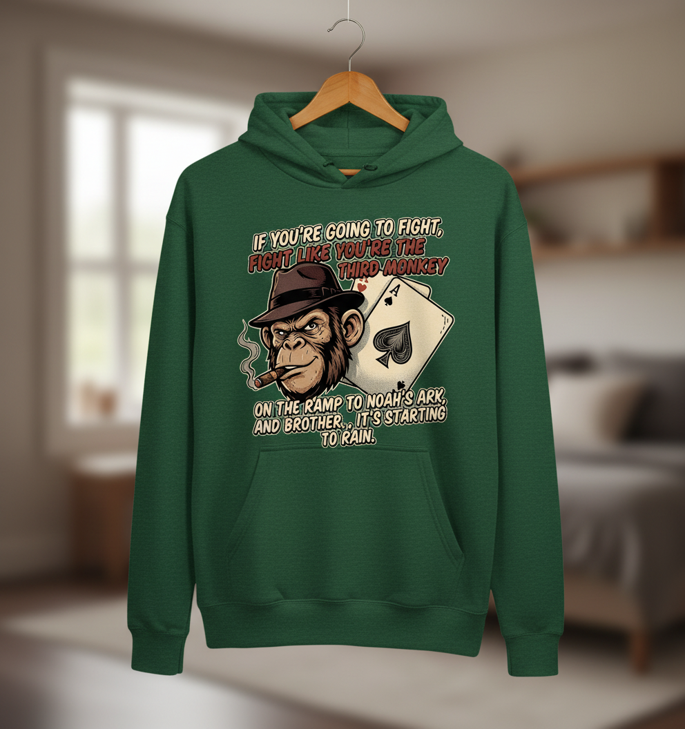 Third Monkey on Noah's Ark Fighting Quote Hoodie - Forest Green
