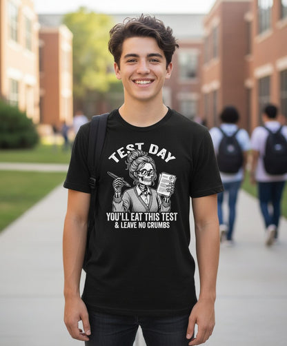 You'll Eat This Test & Leave No Crumbs Funny Day Youth T-Shirt - lifestyle model mockup - Black