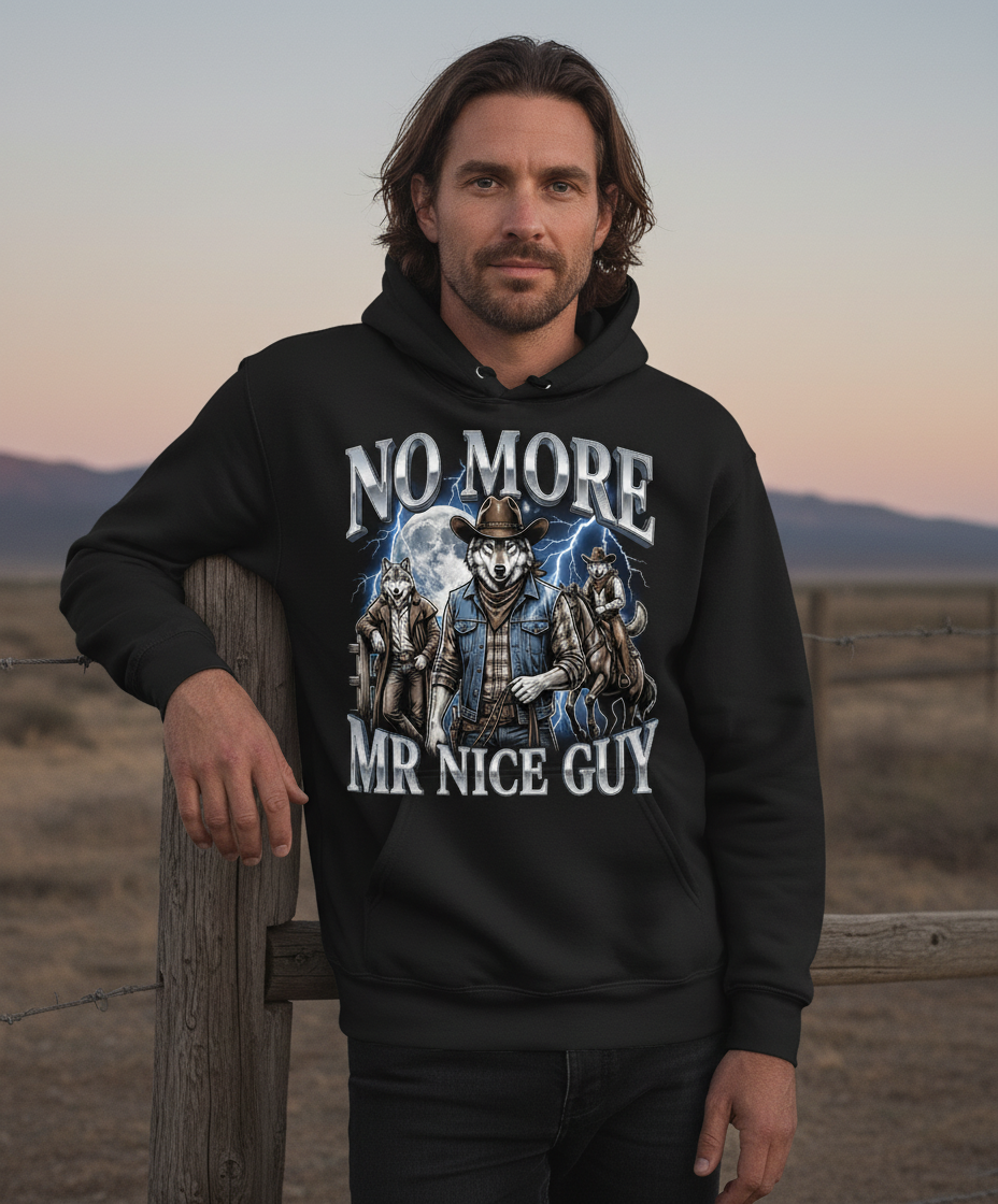 No More Mr Nice Guy Cowboy Wolf Hoodie - lifestyle model mockup - Black