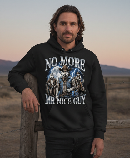 No More Mr Nice Guy Cowboy Wolf Hoodie - lifestyle model mockup - Black