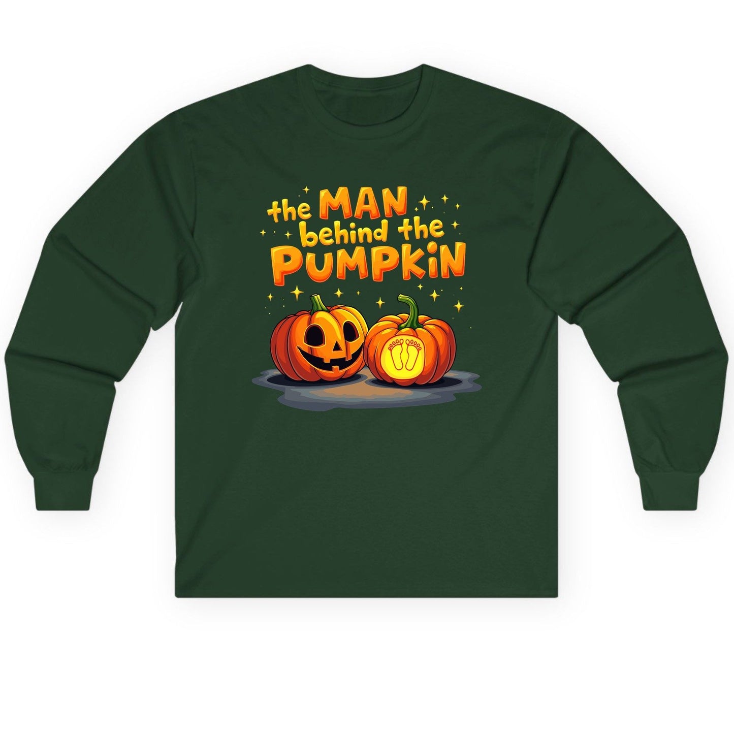 The Man Behind the Pumpkin Halloween pregnancy announcement Long Sleeve Tee Forest Green product mockup