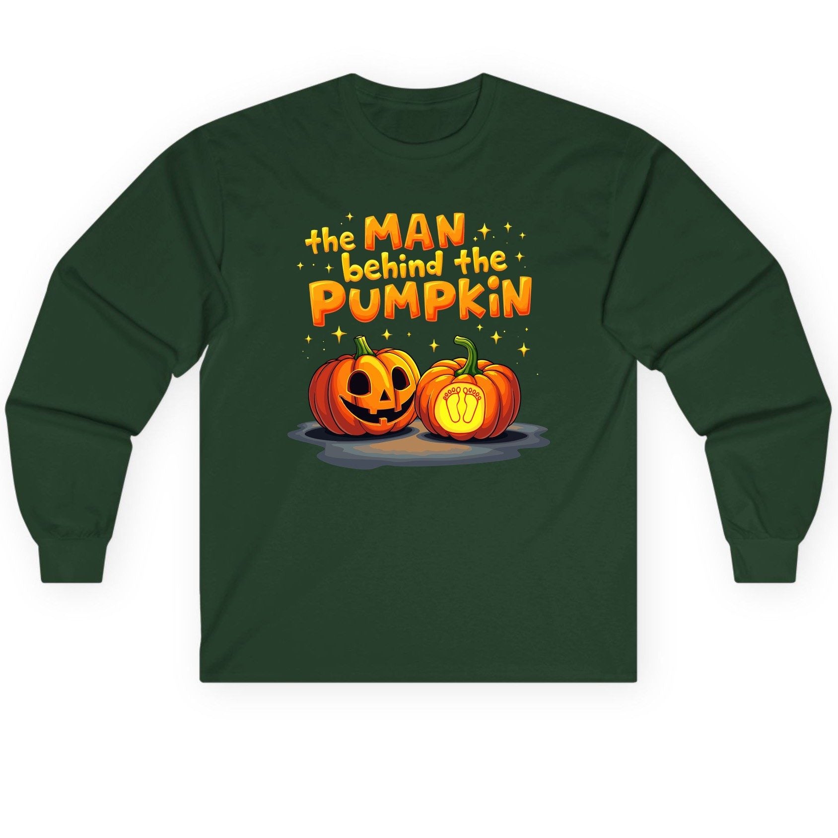 The Man Behind the Pumpkin Halloween pregnancy announcement Long Sleeve Tee Forest Green product mockup