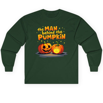 The Man Behind the Pumpkin Halloween pregnancy announcement Long Sleeve Tee Forest Green product mockup
