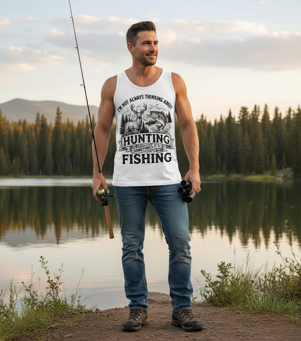 I'm Not Always Thinking About Hunting Sometimes It's Fishing hunting and fishing Tank Top White lifestyle mockup