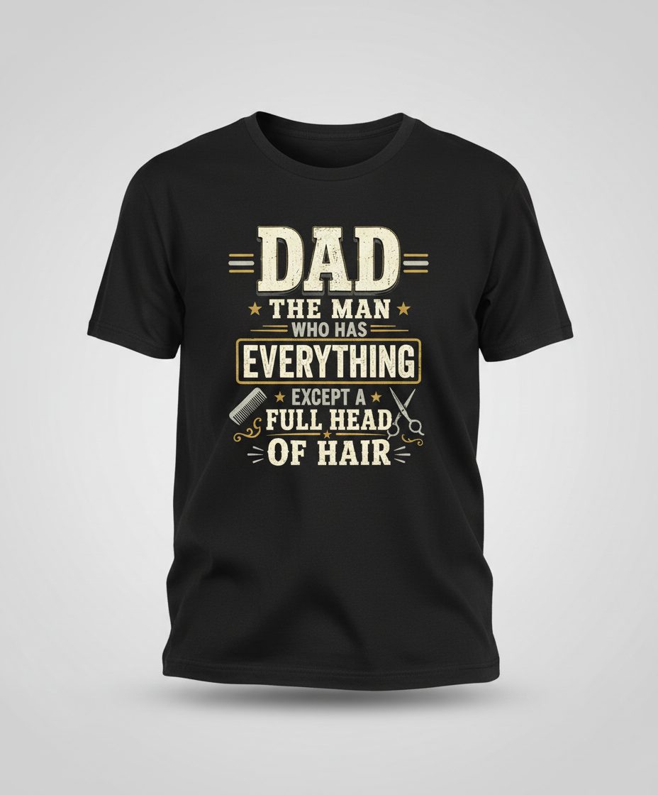 Dad the Man Who Has Everything Except a Full Head of Hair Funny T-Shirt - product mockup - Black